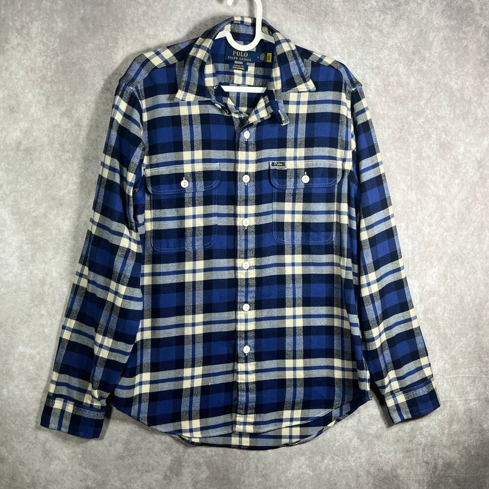 Polo Ralph‎ Lauren Shirt Mens Medium Blue Gray Plaid Flannel Button Up Preppy